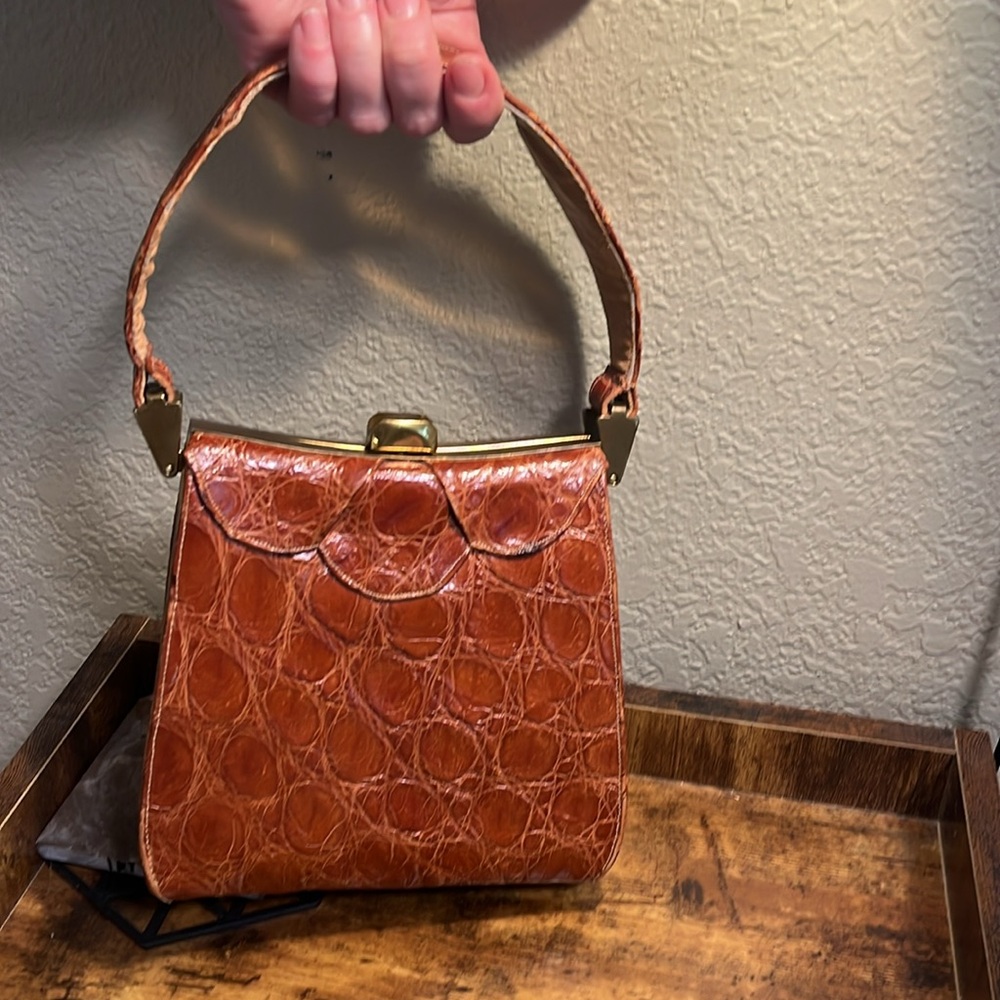 VTG antique 1930s alligator purse clutch, brown shiny